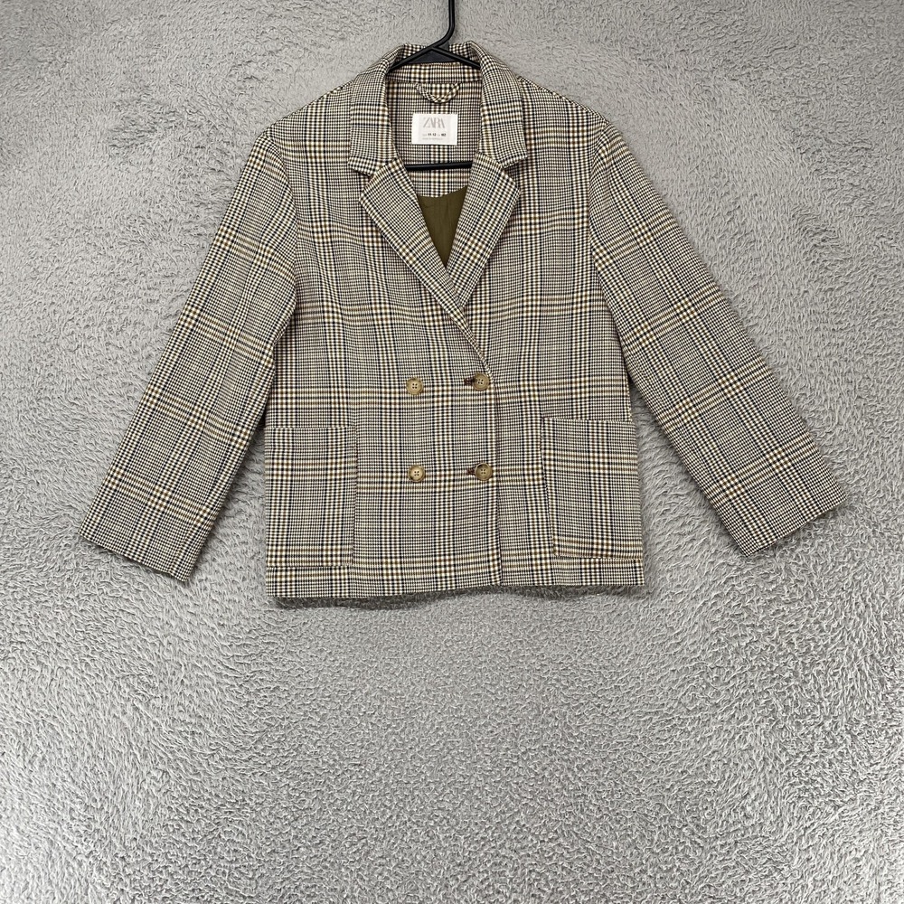Zara Blazer Jacket Kids 11-12 Brown Plaid Double Breasted Jacket Academia